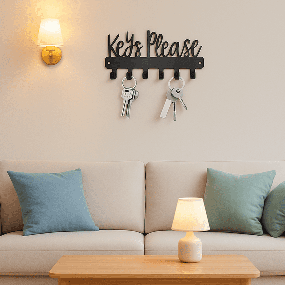 HELLOYOUNG 7.28 Inch Durable Small Key Hooks Black Iron Keys Please Decor Metal Sign Rack Easy Install Key Holder for Entryway Storage Accessories Create Modern Organized Vibe