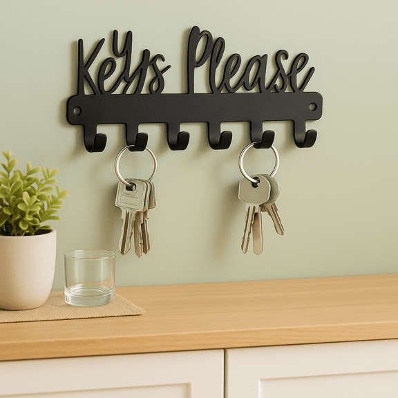 HELLOYOUNG 7.28 Inch Eco - Friendly Small Keys Please Key Holder Black Iron Hooks Shelf Metal Wall Sign Easy Install for Hallway Create Tidy Entryway Atmosphere