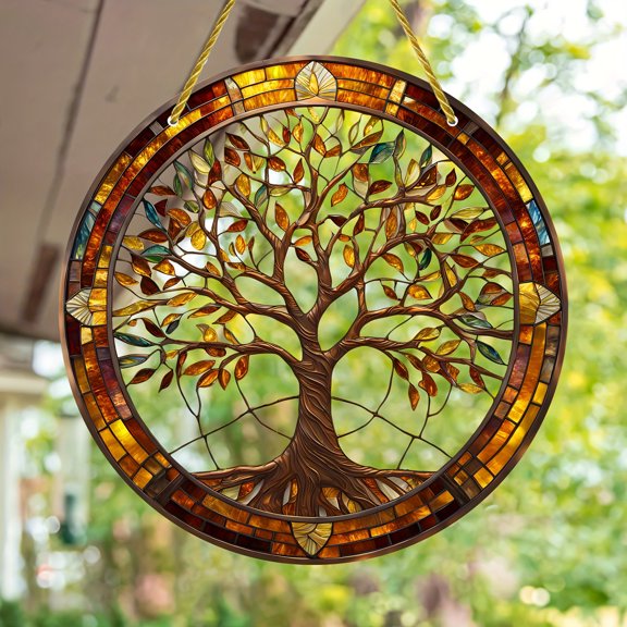 HELLOYOUNG 7.87 Inch Acrylic Suncatcher Tree of Life Stained Glass Style Window Hanging Decor