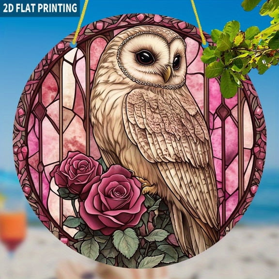 HELLOYOUNG 7.87 Inch Owl Suncatcher Stained Glass Style  Acrylic Sun CatRound Acrylic Sun Catcher Home Decor Pink Brown Window Hanging Decor for Valentine's Day Gift  Romantic Present