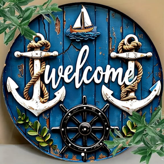 HELLOYOUNG 7.87in Wooden Pirate Ship Round Plaque, 2D Nautical Maritime Wall Decor, Rustic Hanging Gift for Home Bar Man Cave