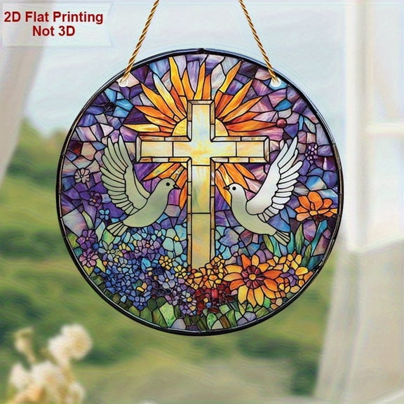 HELLOYOUNG 7.87inch Acrylic Colored Sun Catcher Transparent Easter Dove of Peace Cross Sun Panel Vibrant Painted Design with White Dove, Cross, and Floral Patterns - Outdoor Wall Hanging