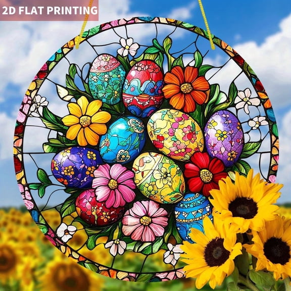 HELLOYOUNG 7.87inch Acrylic Colorful Sun Catcher Boho Style Painted Easter Eggs with Floral Sun Catcher Round Acrylic Window Hanging Colorful and Vibrant Spring Home Decoration for Easter Gifts,