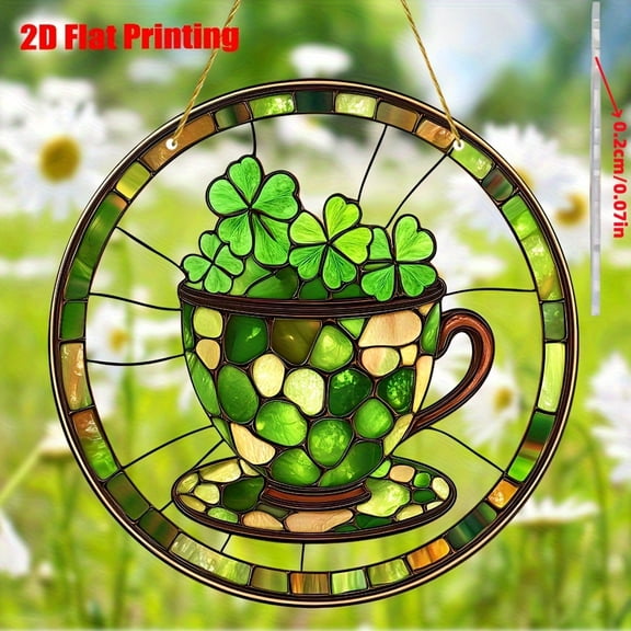 HELLOYOUNG 7.87inch Flat Acrylic Print Coffee Cup Sun Trap Holiday Decoration Window Hanging Farmhouse Style St. Patrick's Day Decoration Acrylic Panel Gift for Friends and Family Holiday Gift