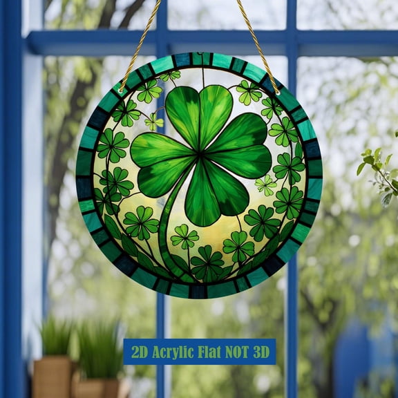 HELLOYOUNG 7.87inch Green Four-Leaf Clover Luck Charm Stained Glass-Style Window Hanger - Irish Lucky Symbol Acrylic Sun Catcher for Home, Garden, Office Decor Suitable for, Ceilings