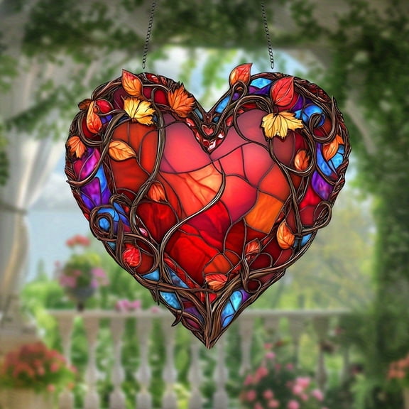 HELLOYOUNG 7.87inch Heart Shape Vibrant Acrylic Red Heart Sun Catcher Colorful Wall Decoration with Autumn Leaves for Gardens, Balconies Ideal Valentine's Day Gift and Outdoor Decoration.
