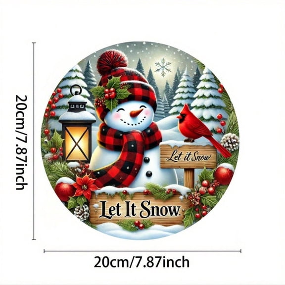 HELLOYOUNG 7.9" Flat Antique Iron Christmas Wreath Centerpiece Round Wall & Door Hanging Sign Snowman Cardinal Let The Snowflakes Fall Slogan Festive Home Decoration No Electricity Needed