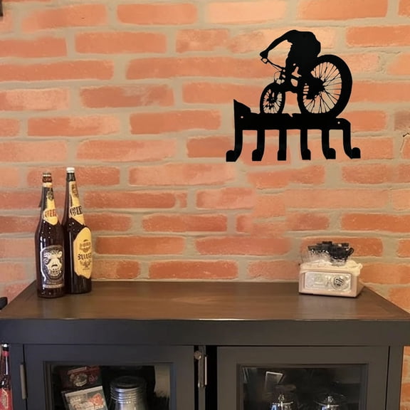 HELLOYOUNG 8.46 - Inch Modern Simple Cycling Iron Painting Hook Panel Bicycle Riding Silhouette, Metal Wall Art, Multi - Hook Centerpieces for Keys/Clothes Perfect for Bedroom/Studio