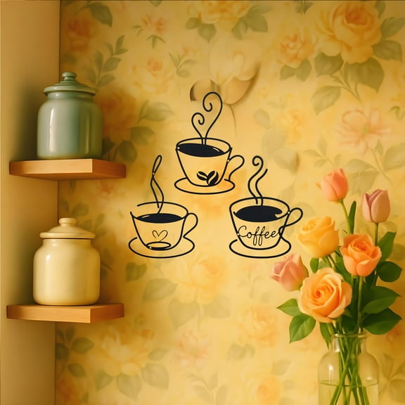 HELLOYOUNG 8.6 Inch 3pcs Vintage Coffee Mug Metal Wall Sculpture Wall Art - Rustic Heart-Adorned Coffee Mug Art Prints Decor Waterproof & Rust-Resistant for Kitchen Cafe Artwork