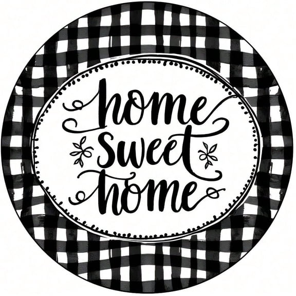 HELLOYOUNG 8 Inch Black White Checkered Metal Wall Art, Round Tin Sign Home Sweet Wreath Plaque, Rustproof Flat Iron Decor for Kitchen Garden Office