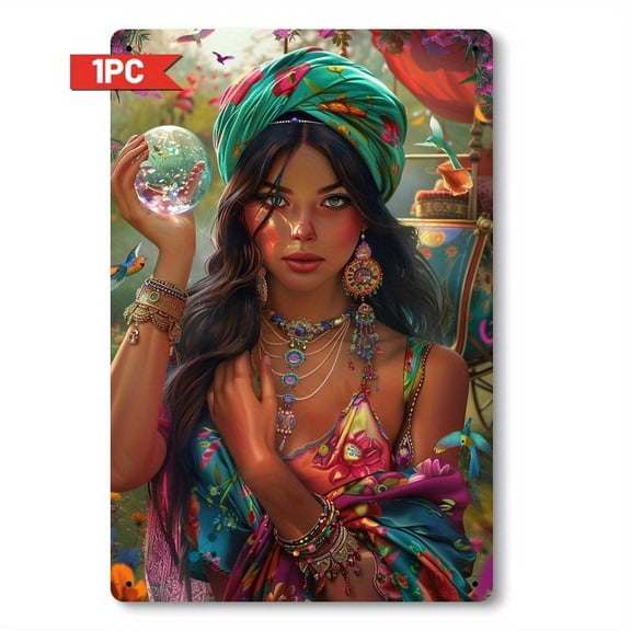 HELLOYOUNG 8 Inch Bohemian Gypsy Lady Metal Wall Art, Spanish Style Tin Painting with Turquoise Scarf & Colorful Jewelry, Farmhouse Decor 2D Flat Sign