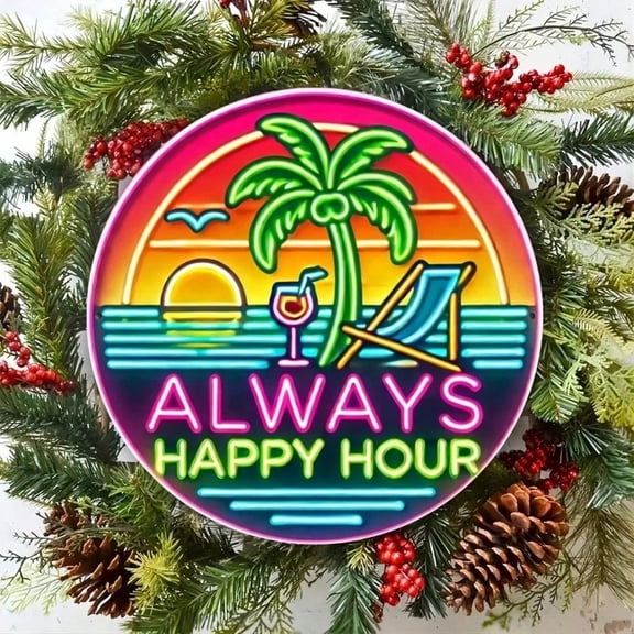 HELLOYOUNG 8-Inch Circular Metal Wall Art Happy Hour Neon Effect Tropical Beach Theme Indoor Outdoor Decor Local Delivery