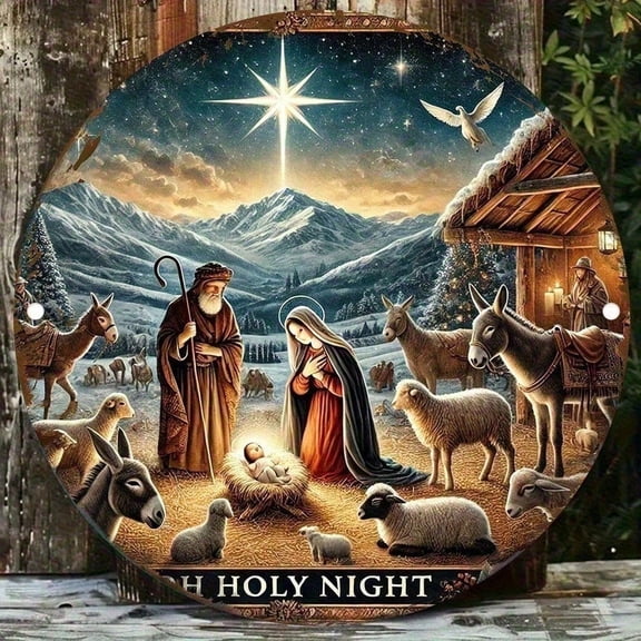HELLOYOUNG 8 Inch Holy Night Vintage Tin Sign, Rustic Round Metal Wall Art Nativity Scene Christmas Decor for Home, Farmhouse Bedroom Bar