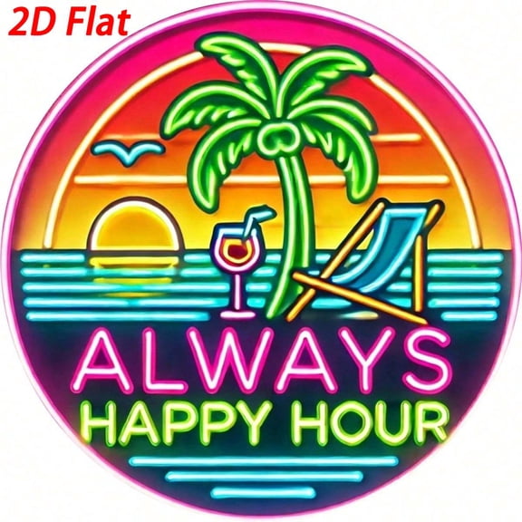 HELLOYOUNG 8-Inch Metal Neon Effect "Happy Hour" Circular Sign Tropical Beach Theme Home Bar Decor Wall Art Random Style