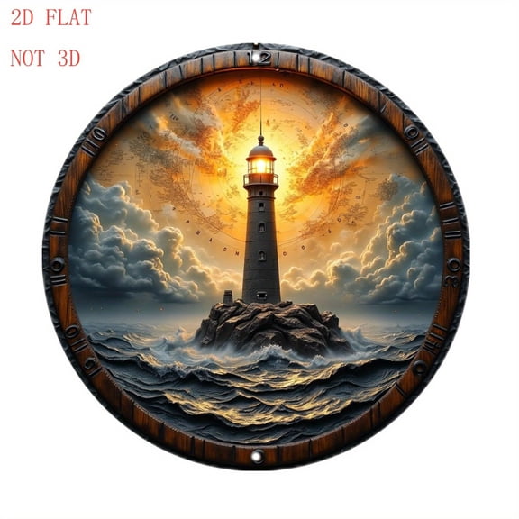 HELLOYOUNG 8 Inch Round Aluminum Lighthouse Wall Sign, 2D Art with Wave Sky Cloud Decor for Front Door Garden Pub