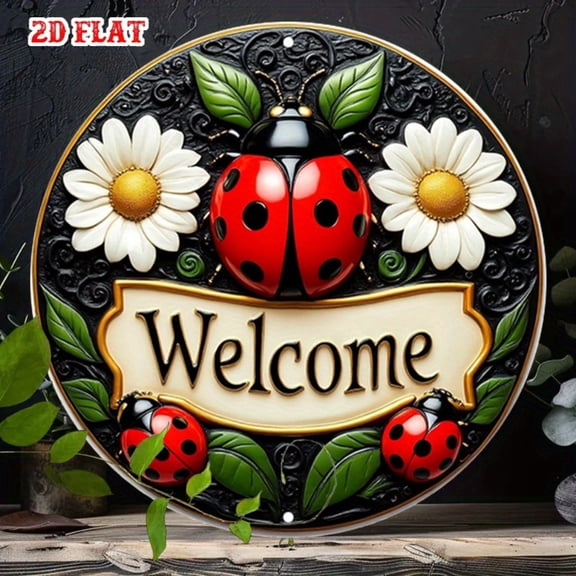 HELLOYOUNG 8 Inch Round Aluminum Sign Ladybug Design Metal Tin Sign for Garden Wall Decor Welcome