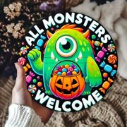 HELLOYOUNG 8 Inch Round Halloween Metal Sign Vintage Tin Wall Decor Rustic Monster Art Prints 2D Flat Ornament for Home Bar Man Cave