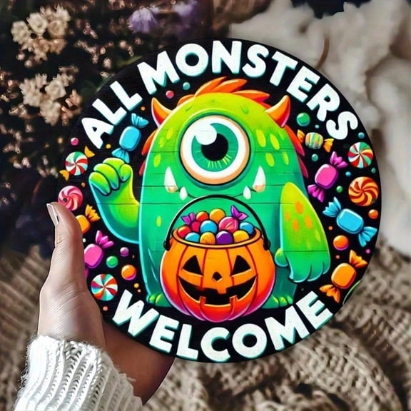 HELLOYOUNG 8 Inch Round Halloween Metal Sign Vintage Tin Wall Decor Rustic Monster Art Prints 2D Flat Ornament for Home Bar Man Cave