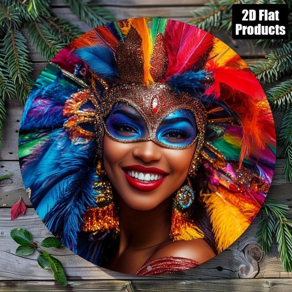 HELLOYOUNG 8 Inch Round Metal Sign Girl Mardi Gras Mask Theme Bar Pub Cafe Home Wall Decor