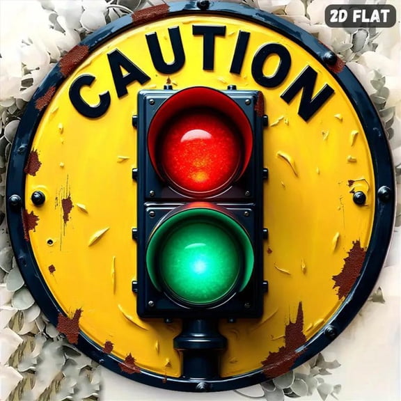 HELLOYOUNG 8 Inch Round Metal Traffic Light Sign Yellow Warning Garland Decorative Plate Art Deco Style Wall Art for Kitchen Garden Office Holiday Season New Year Gift