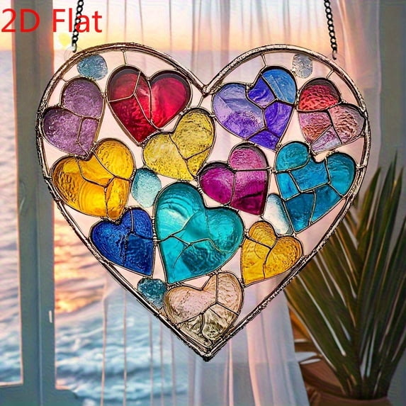 HELLOYOUNG 8 Inch Sun Catchers for Windows Flat Heart Acrylic Suncatcher with Stained Glass Style, Vibrant Color Block Mosaic Design for Home Garden Living Room Office Decor