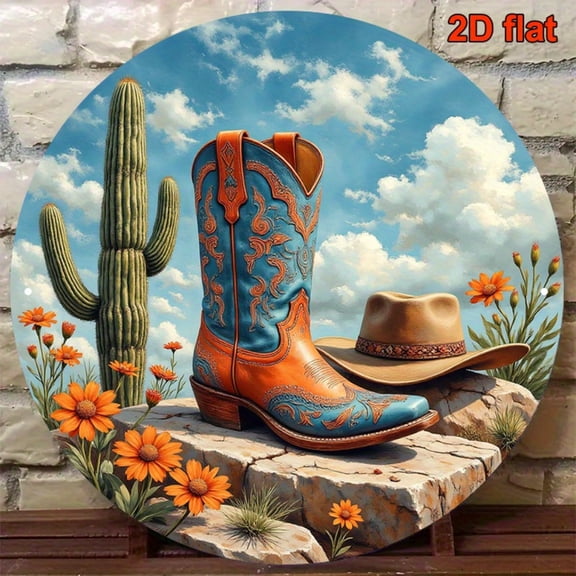 HELLOYOUNG 8 Inch Western Cowboy Boot Metal Wall Art for Home Decor, Retro Western Scene with Desert Cactus, Wall Decor for Living Room Bar Office