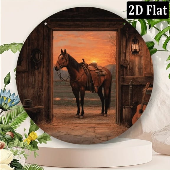 HELLOYOUNG 8-Inch Western Sunset Round Aluminum Sign, Rustic Barn Wall Art for Farmhouse Living Room, Equestrian Gift for Men, Fade-Resistant Metal Decor
