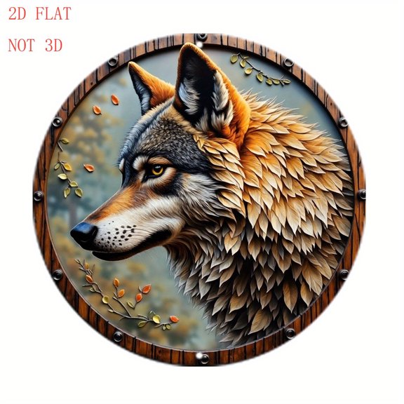 HELLOYOUNG 8 Inch Wolf Head Wall Sign, Round Aluminum Nature Leaves Metal Art Decor, Rustic Outdoor Hanging Plaque for Front Door Garden Bar Cafe Holiday Gift