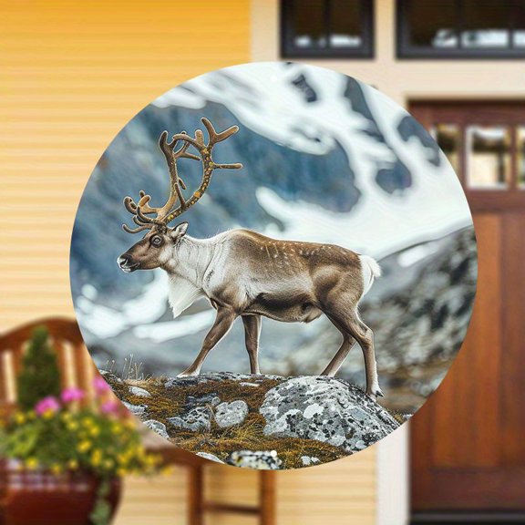 HELLOYOUNG 8" Round Iron Reindeer Tin Sign, Waterproof Weatherproof Metal Wall Decor, 2D Aluminum Plaque for Outdoor Garden Patio