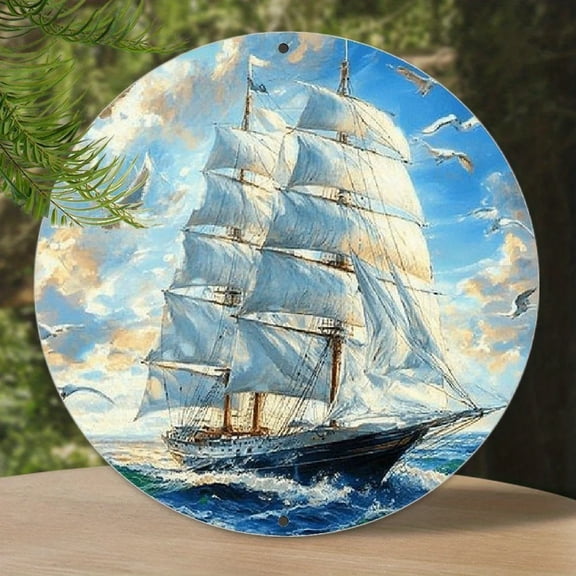 HELLOYOUNG 8" Round Nautical Metal Wall Art, Rustproof Aluminum Circle Sign for Boat Beach Home Decor