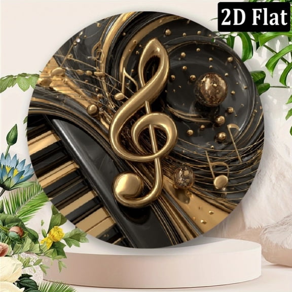 HELLOYOUNG 8''x8'' Gold Music Note Aluminum Sign, 2D Round Piano Key Wall Art Modern Abstract Metal Decor for Living Room Musician Gift