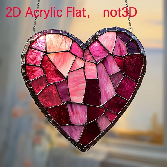 HELLOYOUNG 8"x8 Inch Sun Catcher 2D Acrylic Window Decorations Stained Glass Style Pink Heart Wall Hanging, Romantic Love Theme Home Decor Gift for Valentine's Easter Ramadan, No Power Required