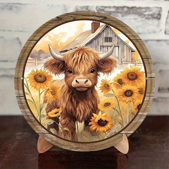 HELLOYOUNG 8"x8" Sunflower Highland Cattle Wreath Metal Wall Art, Rustic Farmhouse Home Decor, Halloween Christmas New Year Gift for Barn Living Room