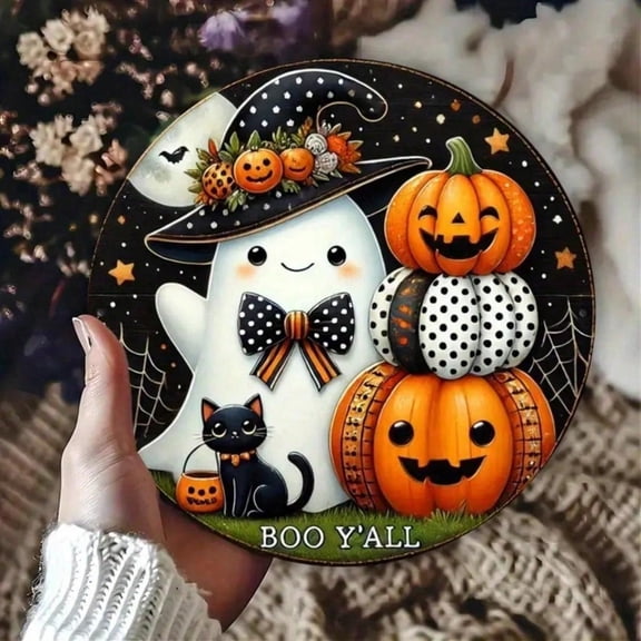 HELLOYOUNG 8inch Halloween Pumpkin Iron Round Wall Decor, HD Print Metal Sign for Home Bar Cafe Autumn Fall Decoration, Modern Rustic Art for Living Room, Unique Gift Tinplate Painting Plaque