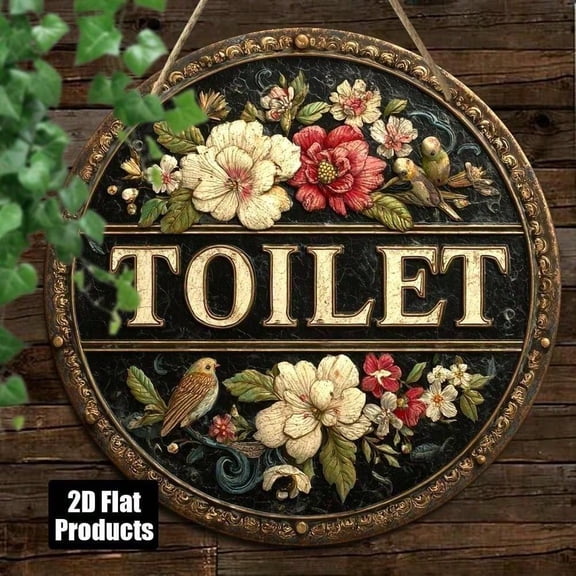 HELLOYOUNG 8inch Handmade Wooden Retro Toilet Door Sign For Bathroom Wall, Elegant Floral Design Carved Details Gold-Painted Vintage Antique Style Round Tinplate Painting Plaque