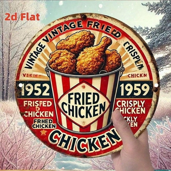 HELLOYOUNG 8inch Retro American Fried Chicken Metal Wall Sign Vintage Tin Advertising For Restaurant Bar Decor, Unique Room Decoration Ornament Round Tinplate Painting Plaque