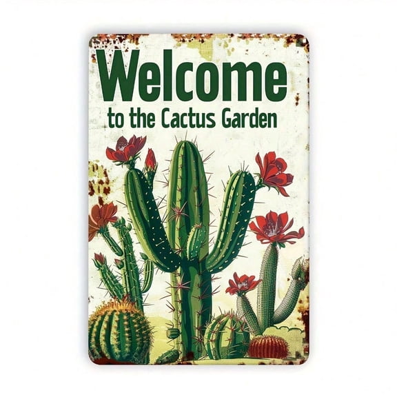 HELLOYOUNG 8x12 Inch Vintage Cactus Garden Welcome Sign, Rustic Desert Plant Wall Art Decor for Outdoor Patio Balcony, Farmhouse Metal Plaque Hanging
