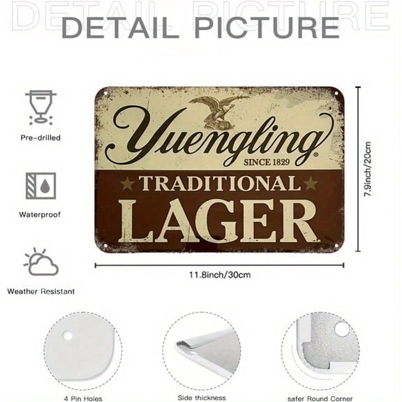 HELLOYOUNG 8x12 Inch Vintage Yuengling Lager Beer Sign Rustic Metal Wall Art with Eagle & Since 1829 Text Durable Indoor Outdoor Decor for Home Bar Tavern Tin Sign