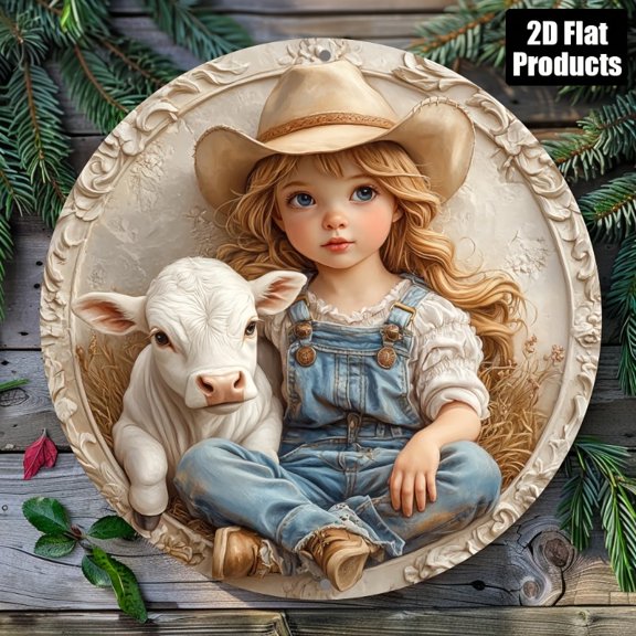 HELLOYOUNG 8x8 Aluminum Metal Sign Girl and Sheep Art Round Wall Decor for Home Bar Coffee Room Retro Vintage