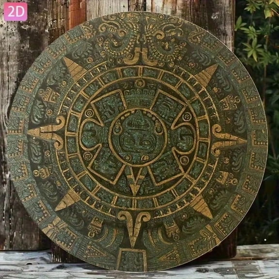 HELLOYOUNG 8x8 Inch Aztec Calendar Wall Art Sun Stone Metal Decor Plaque, Peacock Green Golden Aluminum Retro Mayan Wall Decor for Home Office