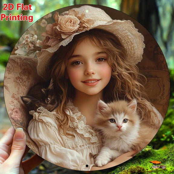 HELLOYOUNG 8x8 Inch Customized Round Aluminum Sign, Young Girl with Two Cats Wall Art Decor for Kitchen Cafe Home, Mother's Day Gift for Mom