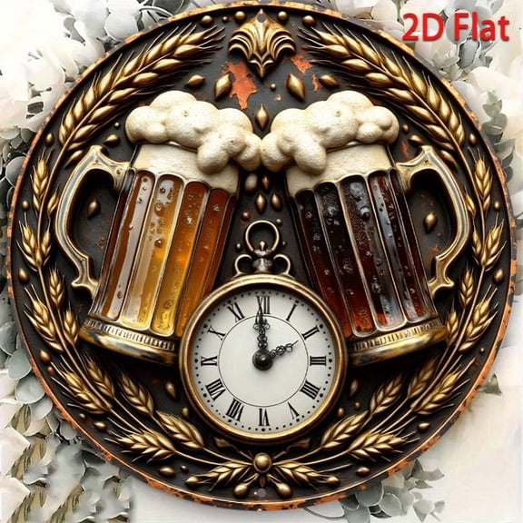 HELLOYOUNG 8x8 Inch Metal Tin Sign Wall Decor, Rustic Beer Clock for Bar Man Cave, Retro Round Clock with Hook, Funny Gift for Beer Lovers