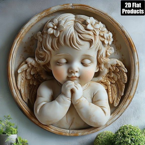 HELLOYOUNG 8x8 Inch Prayer Angel Metal Wall Plaque, Round Aluminum Sign for Home Decor, Wall Art Gift for Bar Cafe