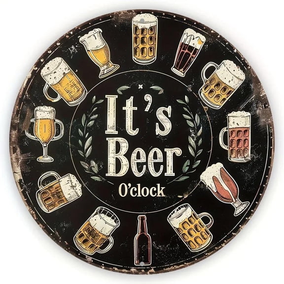 HELLOYOUNG 8x8 - Inch Round Aluminum Sign: "It's Beer Time" - Festive, HD - Printed Wall Art for Home, Kitchen, Office, or Garage Decor