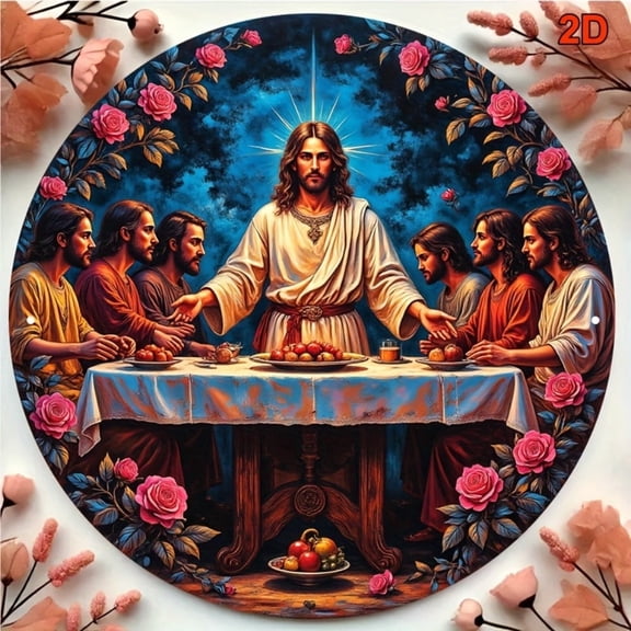 HELLOYOUNG 8x8 Inch Round Aluminum Sign The Last Supper Jesus Christ Religious Wall Art Vintage Biblical Scene with Bread Fruits Rose for Home Kitchen Decor