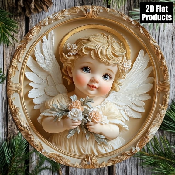 HELLOYOUNG 8x8 Inch Round Gold Halo Angel Flower Metal Sign, 2D Flat 20x20cm Rustproof Wall Art for Home Office Bar Cafe Decor, Valentine Gift for Her