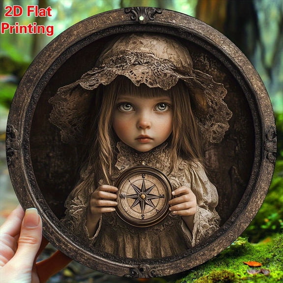 HELLOYOUNG 8x8 Inch Round Metal Wall Art Young Girl with Compass Bohemian Aluminum Sign Moth Decor for Kitchen Cafe Living Room Office