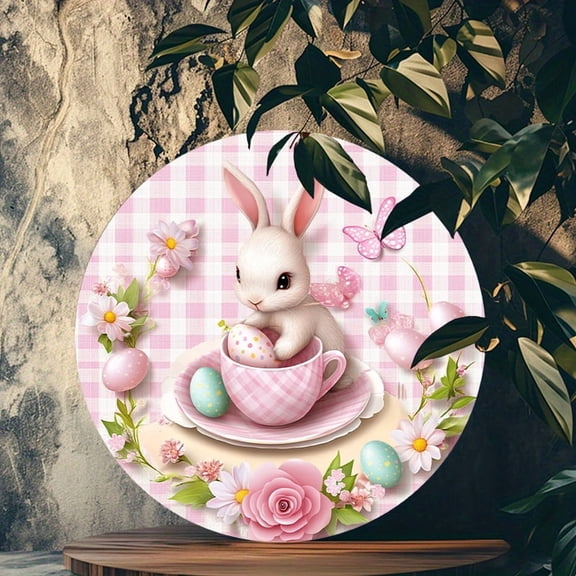 HELLOYOUNG  8x8 Inch Vintage Rabbit Easter Egg Metal Sign Pre-Drilled Retro Wall Decor Garden Home Easter Gift Easter Bunny Decorative Plaque