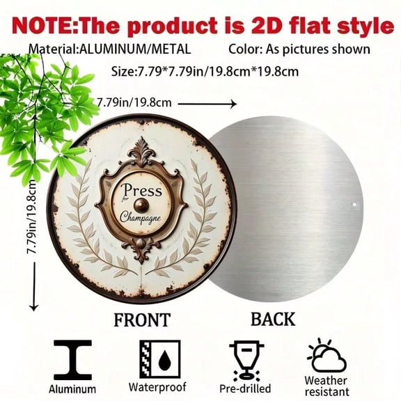HELLOYOUNG 8x8" Press for Champagne Vintage Aluminum Round Sign 2D Flat Emblem, Scratch & UV Resistant Home Bar Wall Decor