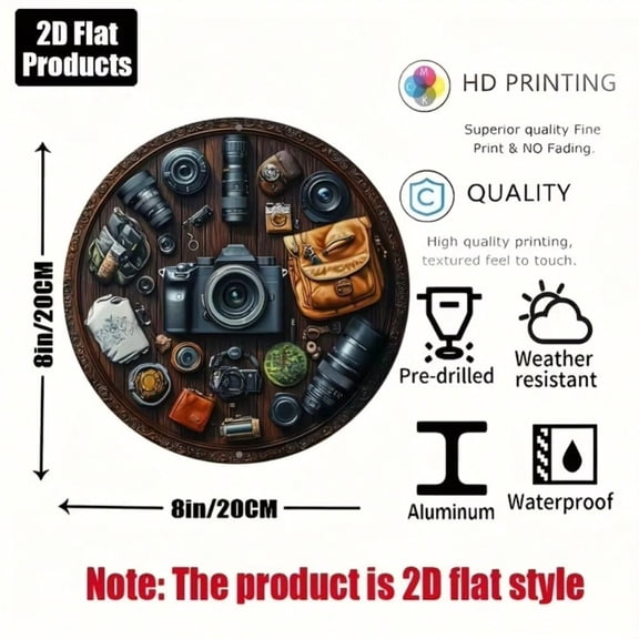 HELLOYOUNG 8x8" Vintage Camera Metal Wall Art, 2D Flat Aluminum Decorative Plaque with Accessories Design for Home Bar Cafe Decor